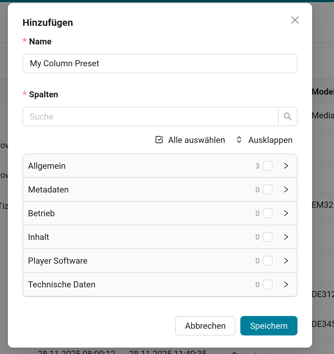 Table presets config